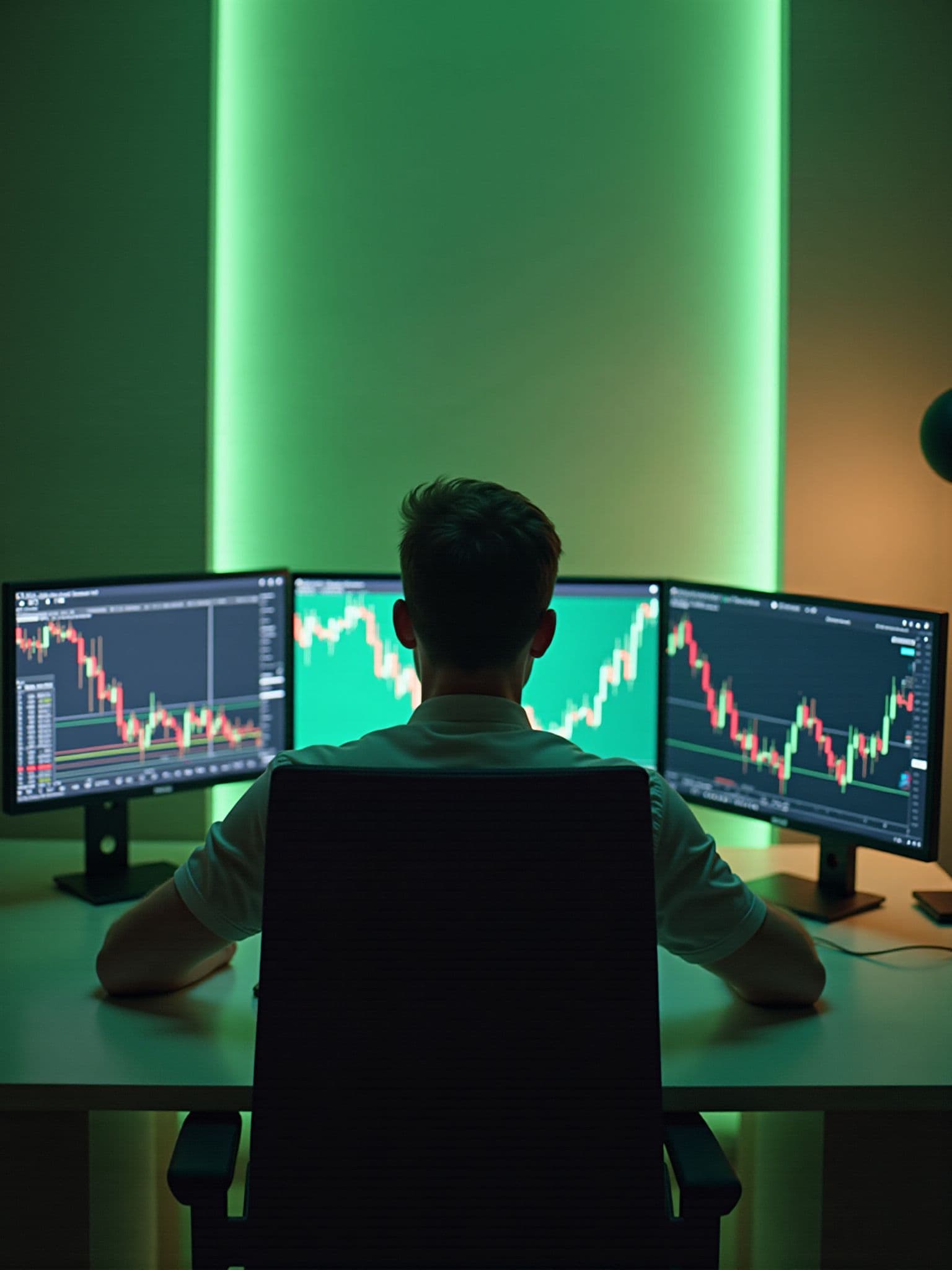 Trader reviewing candlestick charts at a three-monitor desk