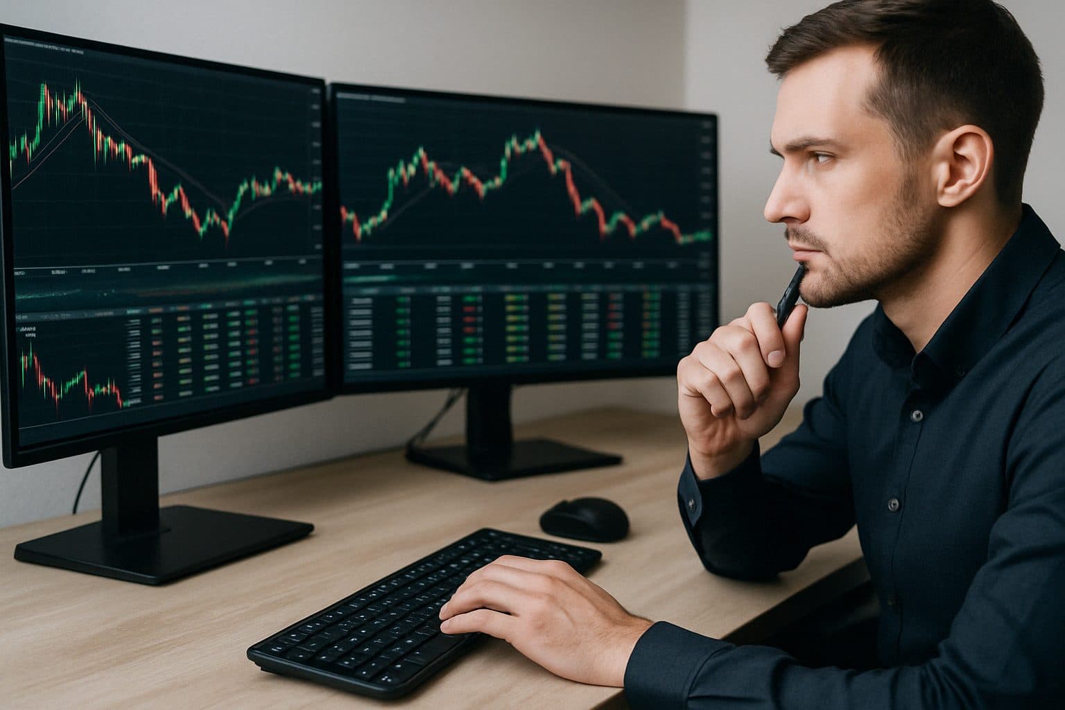Trader studying price charts on two monitors